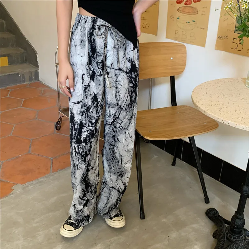 

Summer Fashion Harajuku Women Casual Wide Leg Gradient Tie Dye Drape Mopping Pants High Waist Loose Trousers Streetwear