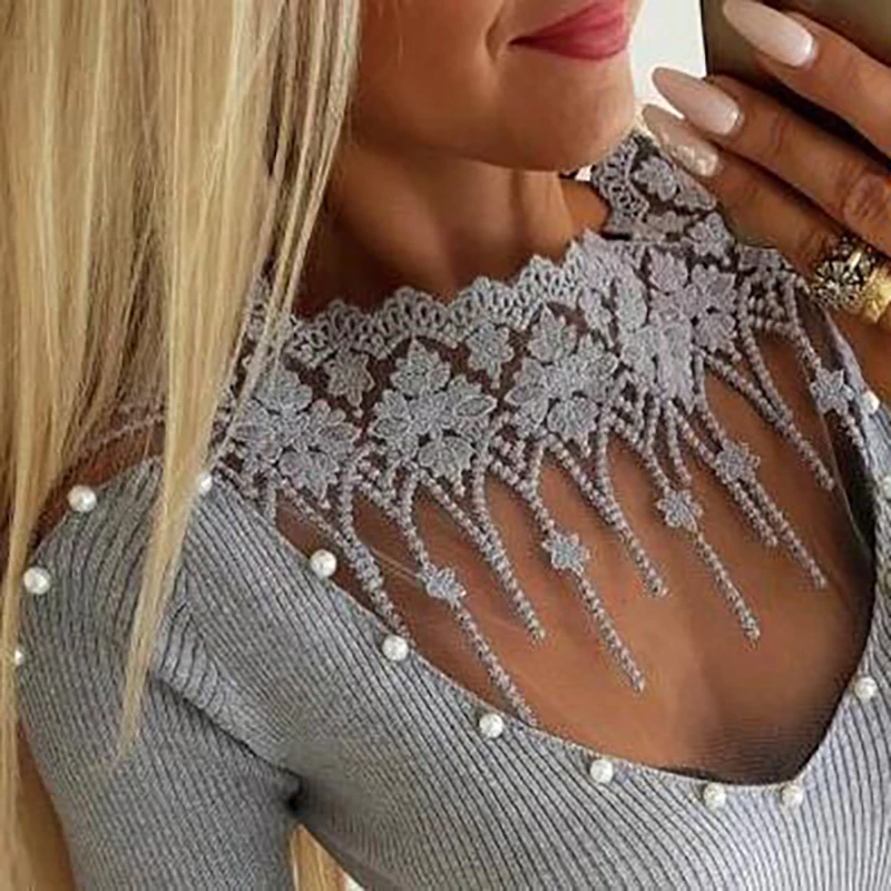 Вышитые Лоскутные сетчатые Женские топы с длинным рукавом вязаные весенние
