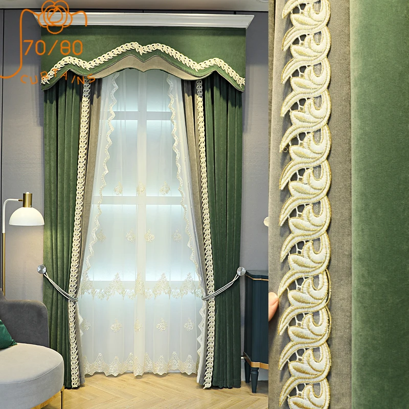 Light Luxury French Dark Green Double-sided Cashmere Chenille Thickening Blackout Curtains for Living Room Bedroom Customization