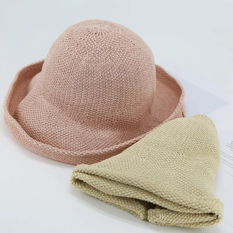 

Summer Autumn Breathable Sun Hat Women Dome Bucket Hats Hand Hook Curling Outdoors Solid Fisherman Caps Black Pink Camel Beige