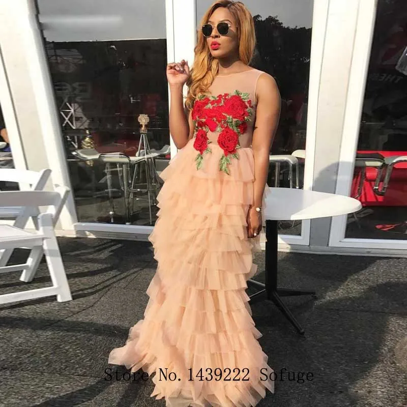 

Champion Tulle Flowers Evening Dresses Prom Tiered Appliques Vestidos De Fiesta Robe De Soiree Plus Size