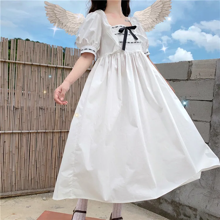 Японский стиль Лолита квадратный воротник кружева галстук-бабочка пышные рукава