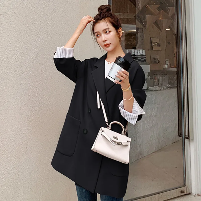 

2021 autumn fashion elegant solid double-breasted Korean style loose mid-length small suit jacket for Women