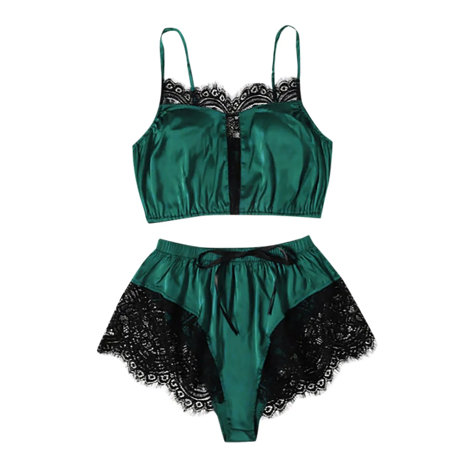 

Spaghetti Strap Lace Pajama Set Sleeveless Trim Underwear Sleep Shorts Set Lace Pijamas Suit Sleepwear Women Sexy Nighties Satin