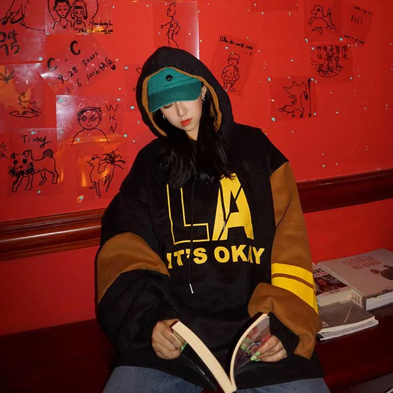 NiceMix женский корейский кавайный милый свободный Colorblock (цветовой блок) толстовка с