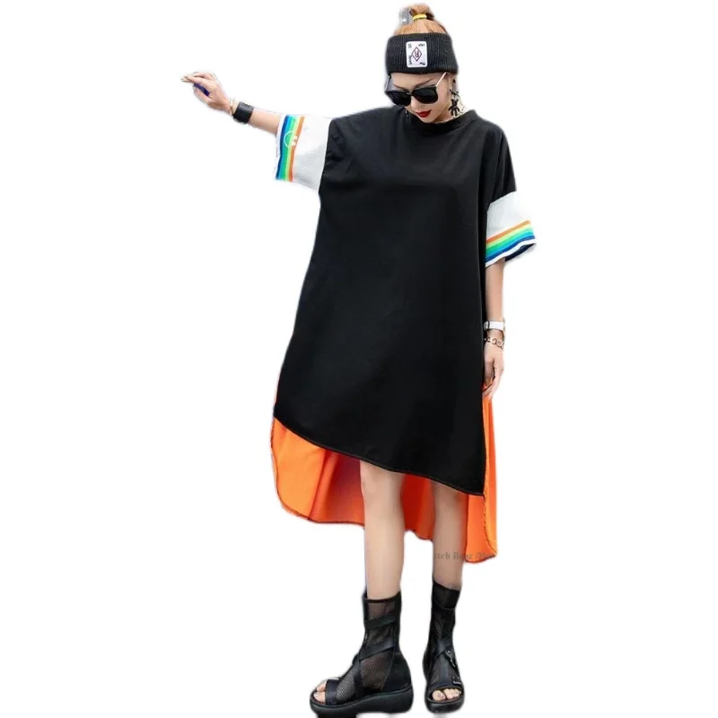 

Vefadisa Black Summer Patchwork Women Dress 2021 Irregular Short Sleeve Dress Knee-Length Plus Size Pullover Dress QYF5352
