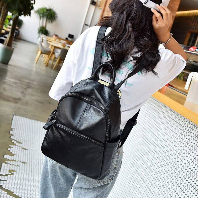 fashionable women's genuine leather backpack female luxury black real cowhide travel backpacks casual back pack women rucksack