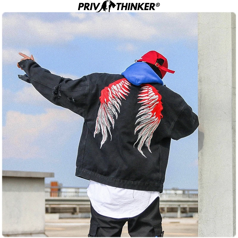 Мужская джинсовая куртка Privathinker Wings черная винтажная с вышивкой на осень и зиму