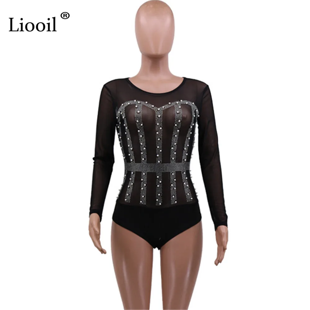 

Liooil Rhinestone Mesh Sheer Bodysuits Sexy Tight Body Suit Tops Women Long Sleeve See Through Bodycon Rompers Diamond Jumpsuits