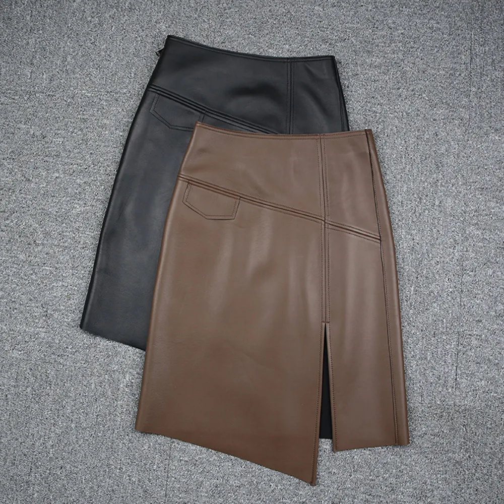 

Демисезонная Элегантная кожаная Асимметричная юбка в офисном стиле, модная женская юбка с высокой талией из натуральной кожи C240