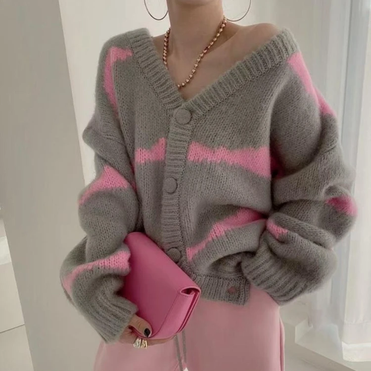

Женский свитер в полоску SYJ, элегантный утепленный кардиган оверсайз, винтажный трикотажный свитер на осень и зиму, SWC7146, 2021