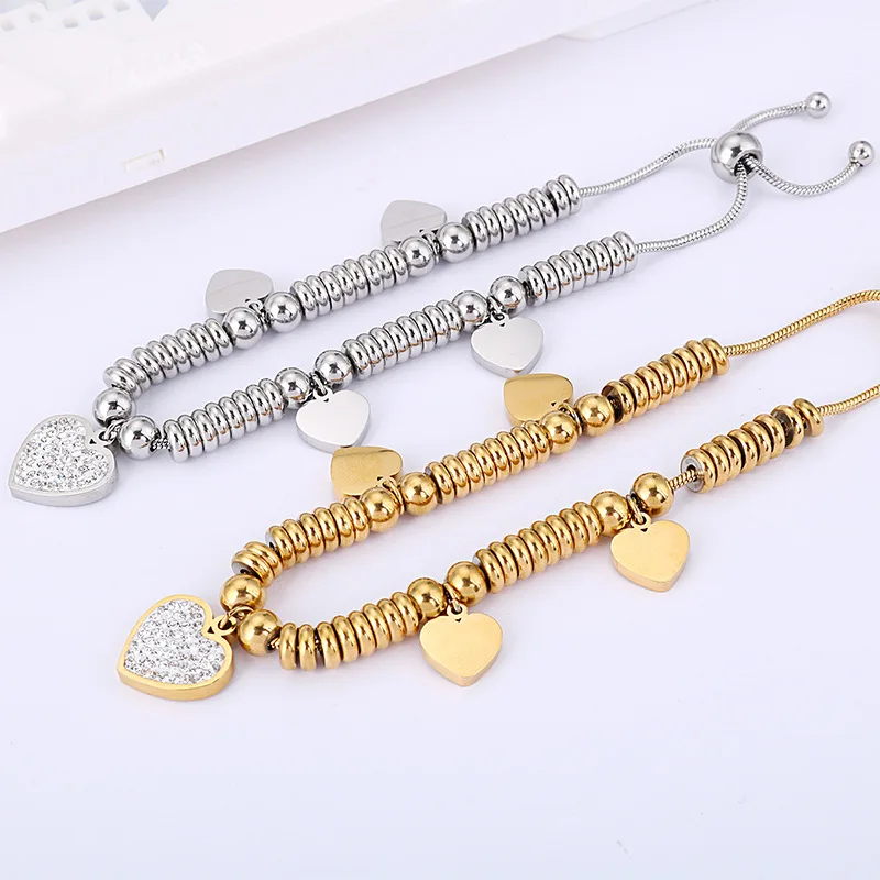 Customized Engraving Nameplate 4 Hearts Bracelet Stainless Steel Beads Chain Can Adjust Engraved Your Family Names For Mom