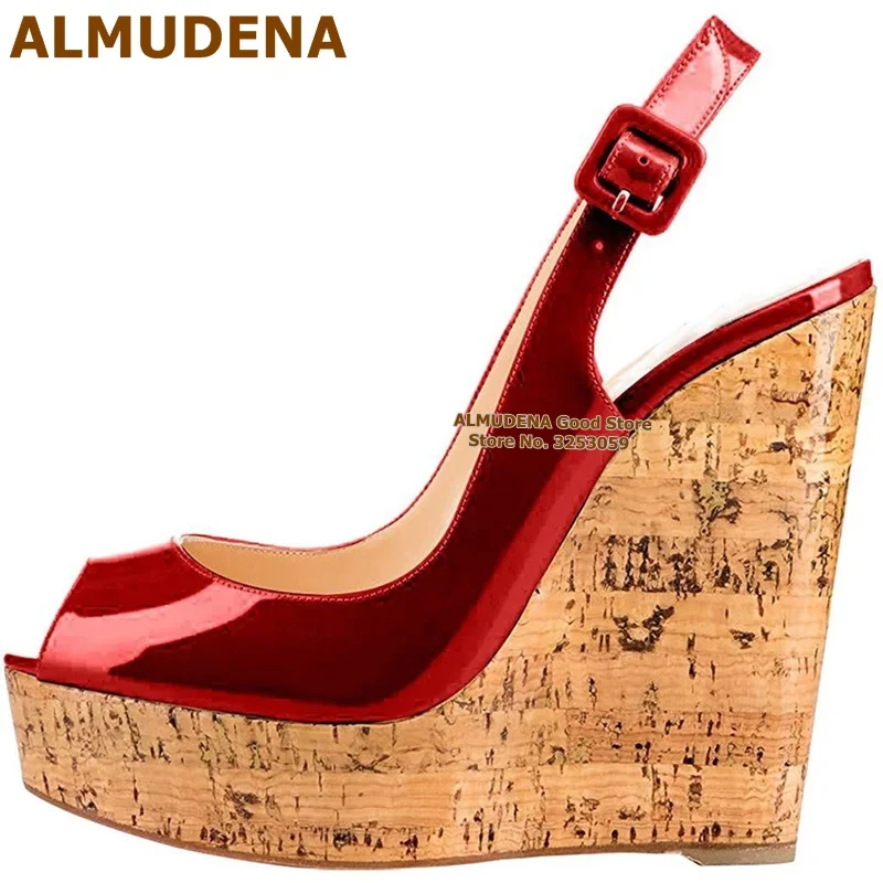 

ALMUDENA Burgundy Patent Leather Open Toe Wedding Shoes Wood Wedge Heels Platform Banquet Shoes Square Buckle Embellished Pumps