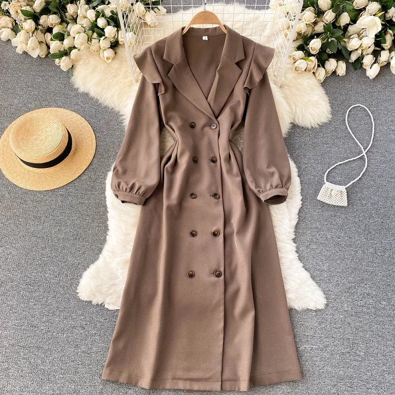 

Французское ретро-платье с воротником-костюмом, женское свободное и универсальное яркое двубортное платье-ветровка средней длины с поясом ...