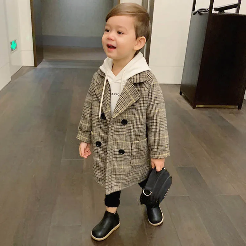 

Boys Wool Coat Fashion Children Lattice Coat Autumn Winter Boys Jacket Windbreaker Kids Clothes Girls Trench Coat High Quality