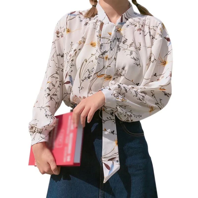 

Women Long Sleeve Floral Printed Tie Knot Top Casual Loose Office Shirt Blouses Button Long Sleeve Shirts Female Blusa