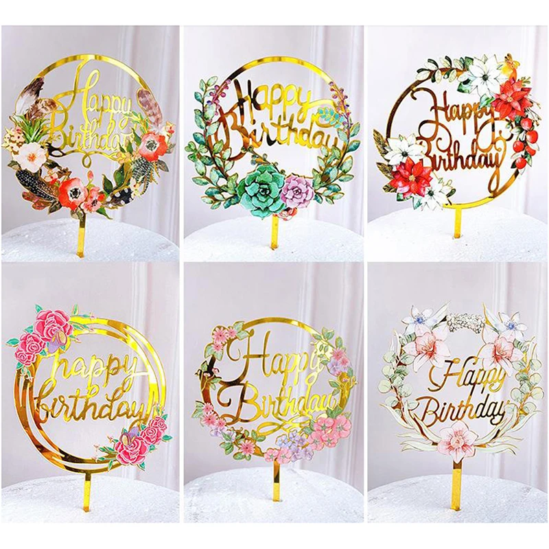 

New Gold Heart Happy Birthday Cake Decoration Accessories Tools Flower Ball Wedding Party Acrylic Cupcake Topper Bunting