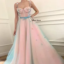 Elegante vestido de fiesta de graduación con tirantes finos, rosa y azul, flores hechas A mano, con banda (1)