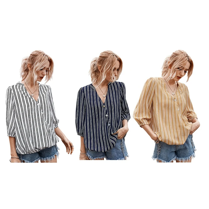 

Striped Button Loose Blouses Women Summer Loose Half Sleeve V Neck Casual Ol Shirt Lady Office Shirts Tops