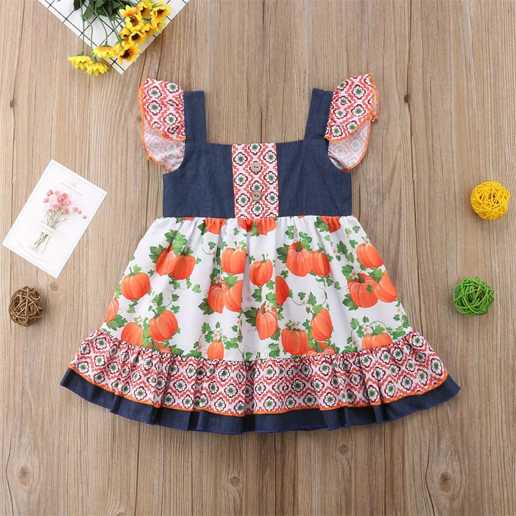 Детское платье с рюшами и принтом тыквы на Хэллоуин для маленьких девочек одежда