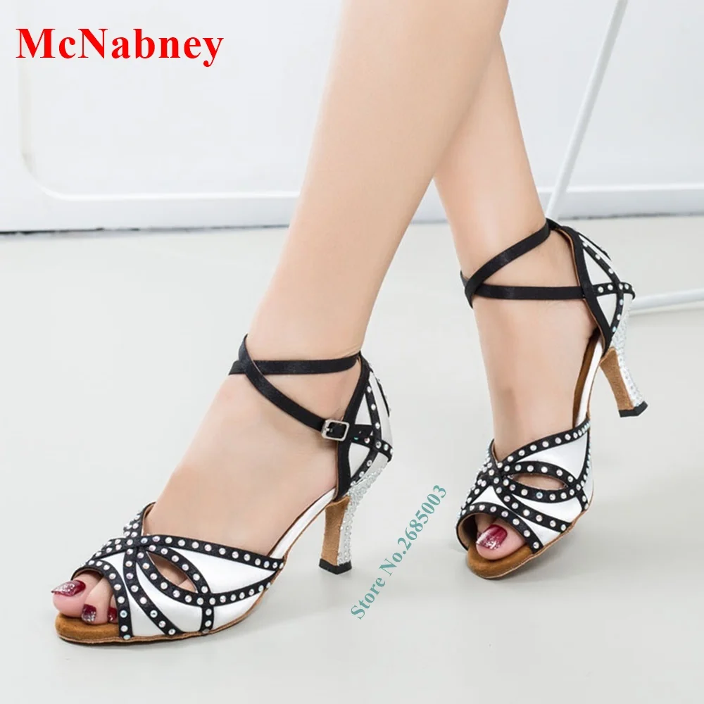 

Женские босоножки на шпильке с кристаллами, туфли для латиноамериканских танцев с открытым носком и перекрестными ремешками с пряжками, мо...