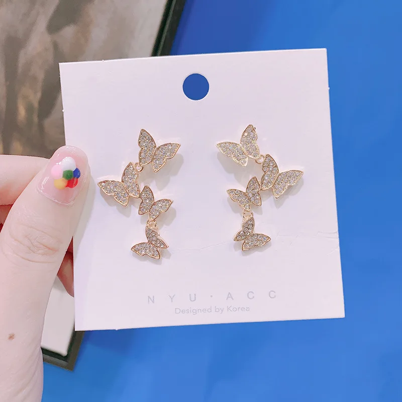 Bling CZ Циркон 4 бабочка серьги гвоздики для женщин Летний стиль очаровательные корейские серьги высшего качества - Окраска металла: Золотой цвет