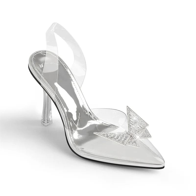 Richealdiana – escarpins à bout pointu en métal Transparent, escarpins à talons aiguilles, en PVC, avec fermoir papillon, chaussures de décoration en métal