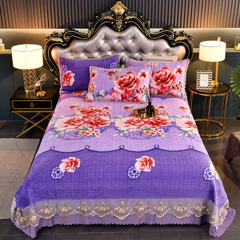 

New Style Milk Velvet European Style Lace Bed Cover Three-piece Active Printing and Dyeing Non-fading Bedding (no Quilt Cover)