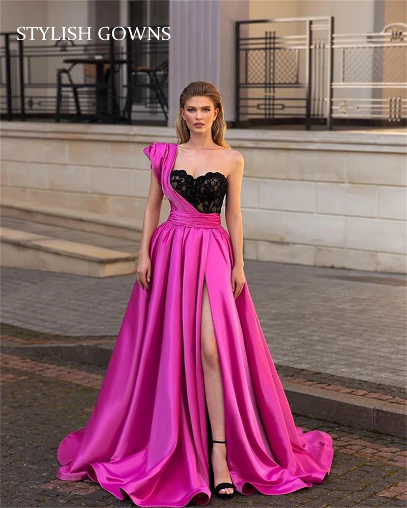 

2021 Rose Red Sexy One Shoulder Evening Dresses High Slit Formal Long Prom Dress Special Occasion Gowns For Women Robe De Soiree