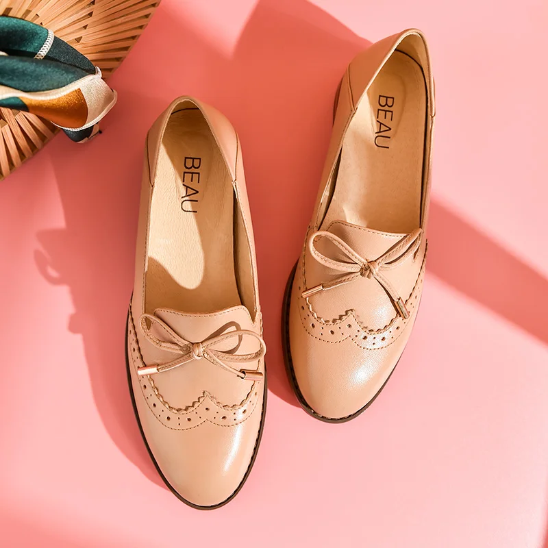 BeauToday/кожаные лоферы Женские Броги из телячьей кожи с круглым носком и бантом