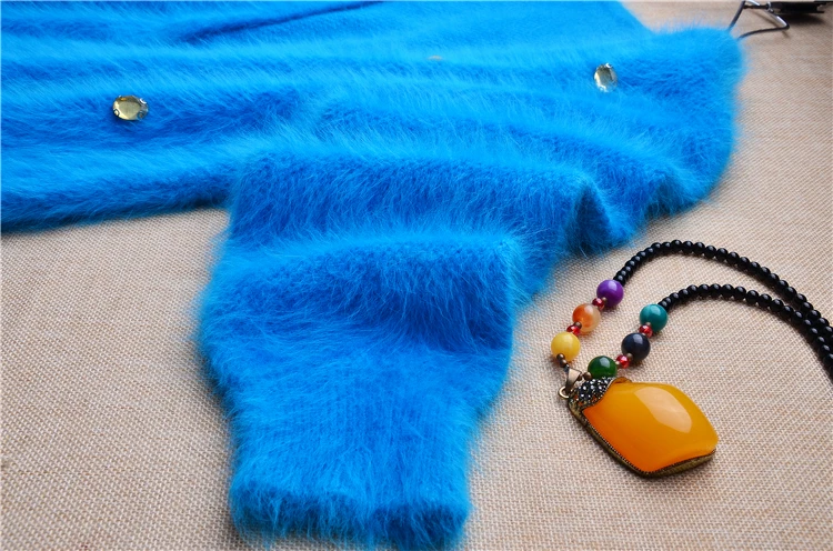 

Girls woman fashion long blue hairy fuzzy mink cashmere beading half sleeved cardigans mantle winter angora fur jacket coat pull