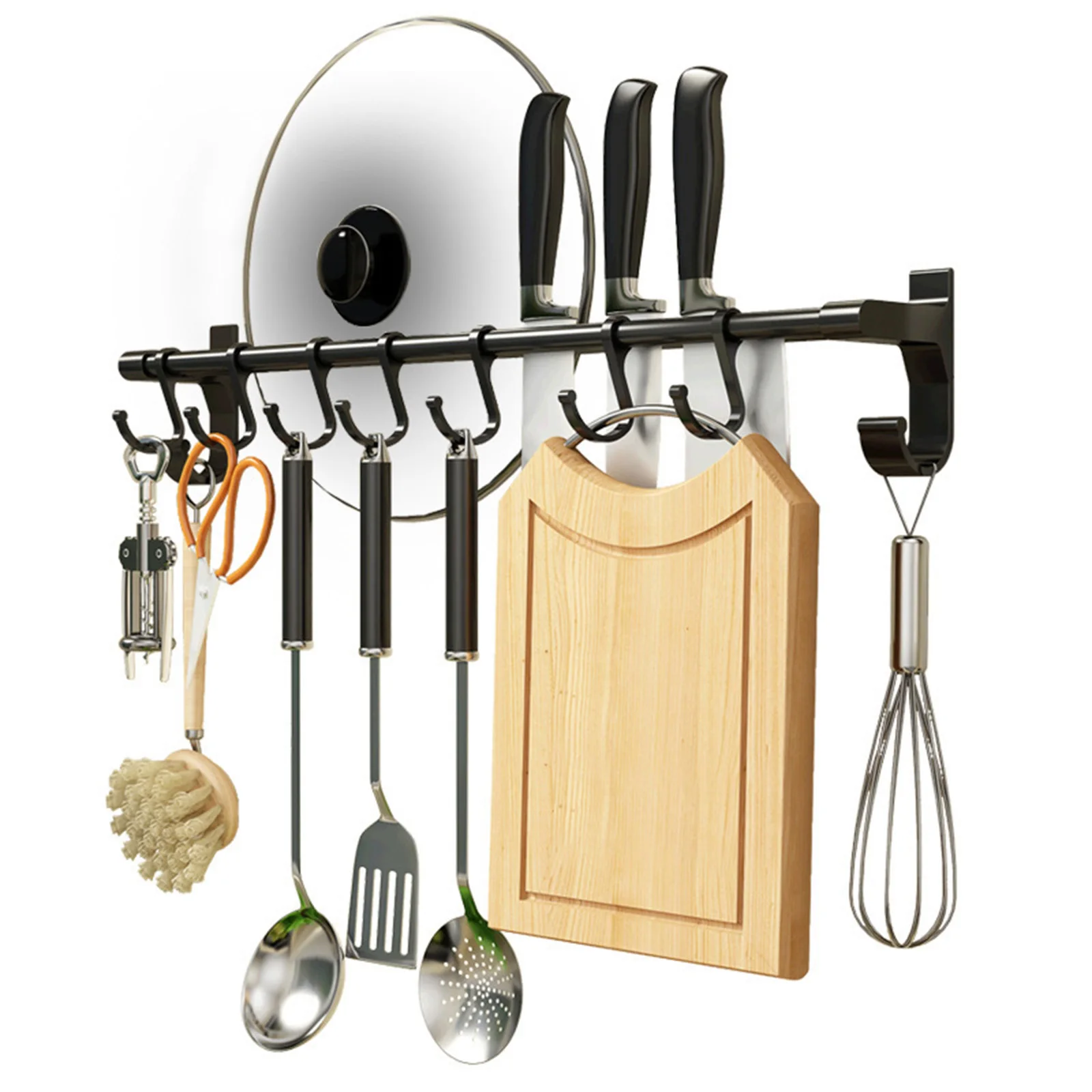 

Wall Pot Lid Holder No Drilling Wall Mounted Space Aluminum Rack Rail With 6 Hooks Knives Holder Slot For Kitchen