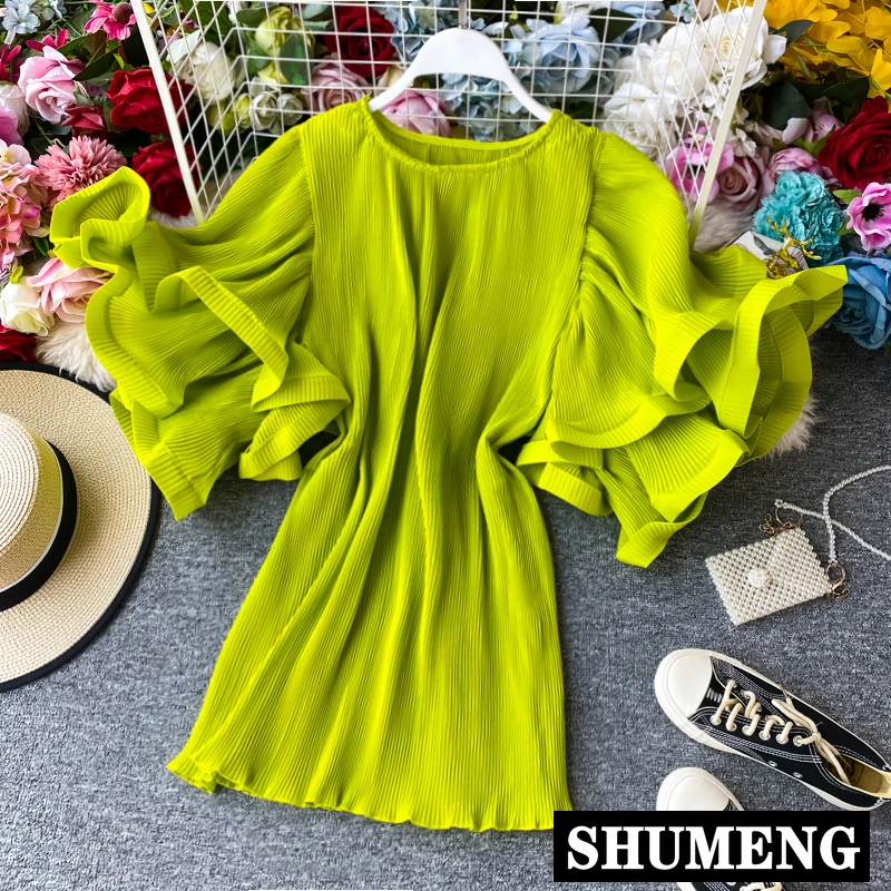 

Плиссированная рубашка с оборками 2020, летняя Свободная блузка, модная однотонная шифоновая рубашка в стиле High Street, фиолетовые блузки, женск...