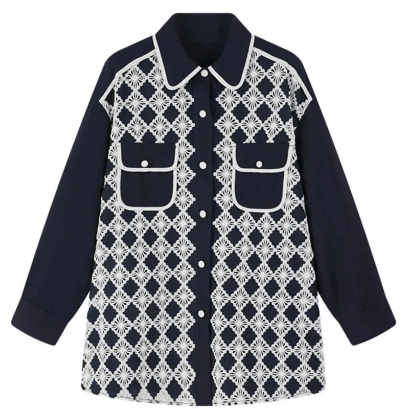 

LANMREM Women Navy Blue Lace Jacquard Blouse New Lapel Long Sleeve Loose Fit Shirt Fashion Tide Spring Autumn 2021 2E1148