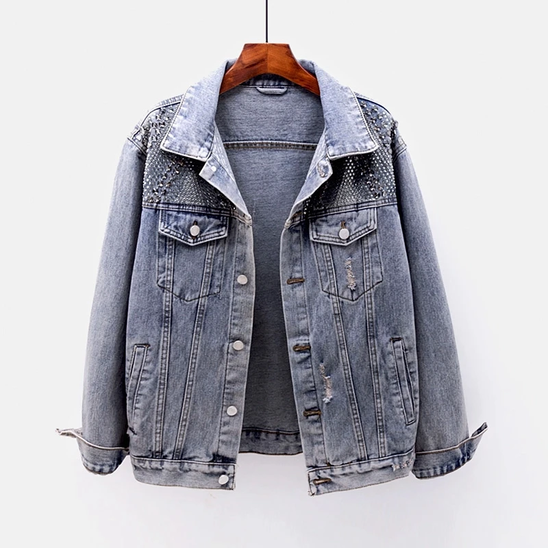 

Джинсовая куртка женская с блестками, потертая однобортная Свободная куртка из денима с длинным рукавом, верхняя одежда в Корейском стиле, ...