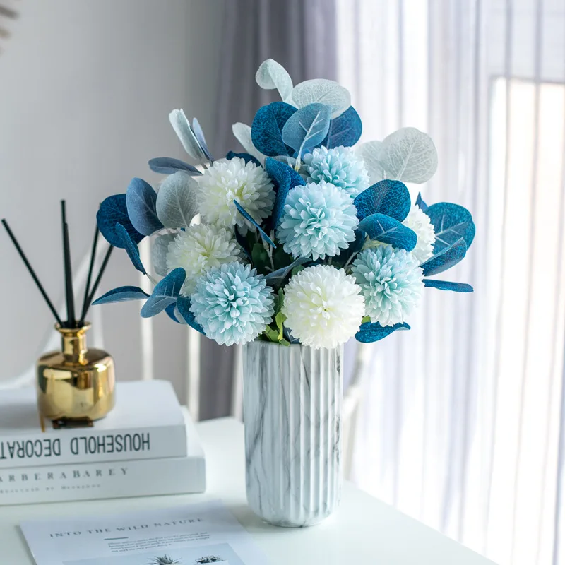 

Artificial Flower Bouquets Dining Table Home Decor Floral Arrangement,Fake Plants Silk Eucalyptus Blue Dandelion Holding Flowers