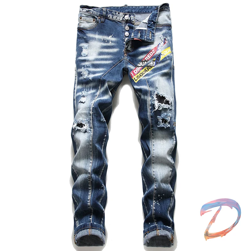 

DSQ2 Denim Pant High Quality Washed Blue Ripped Men Dsquared2 Jeans