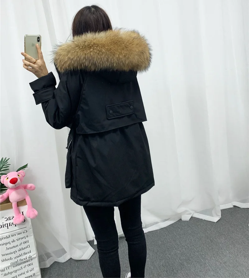 Женская зимняя куртка с капюшоном из меха енота 90% белый пуховик толстые парки