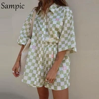 sampic casual women lounge wear summer plaid tracksuit shorts set short sleeve shirt tops and mini shorts suit two piece set