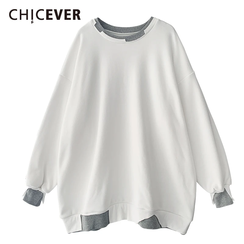

CHICEVER Streetwear Sweatshirt For Women Round Neck Loose Fitting Long Sleeve Plain Pullovers Female 2021 Autumn Fashion Clothes
