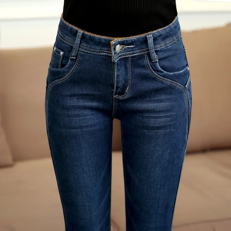 2019 новые зимние узкие брюки с высокой талией бархатные толстые джинсы в