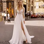 Свадебные платья RODDRSYA в стиле бохо, пикантное винтажное платье невесты с кружевной аппликацией и V-образным вырезом, с Боковым Разрезом, ТРАПЕЦИЕВИДНОЕ Тюлевое с длинным рукавом и шлейфом
