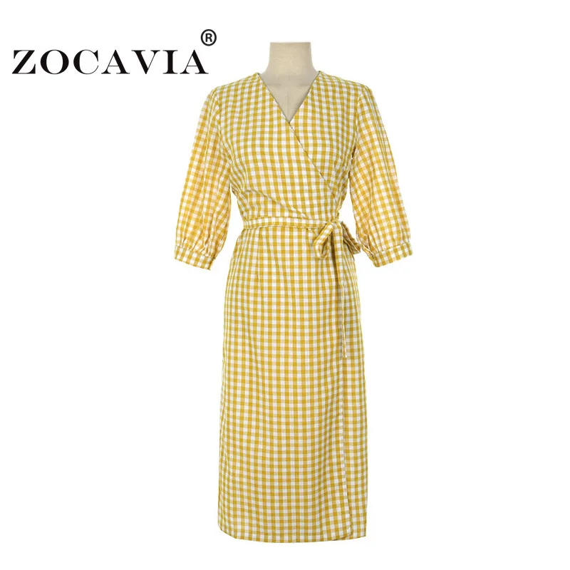 

Vintage V-neck Plaid Maxi Dress Woman Korean Fashion Casual Women's Dresses Elegant Lace-up Lantern Sleeve Summer Light Dresses