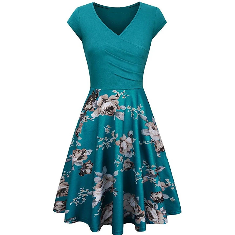 

Casual Female Summer Floral Print Slim Mini Dress 2021 Sexy V-Neck Big Swing Stitching Retro Sundress Women Plus Size Dresses