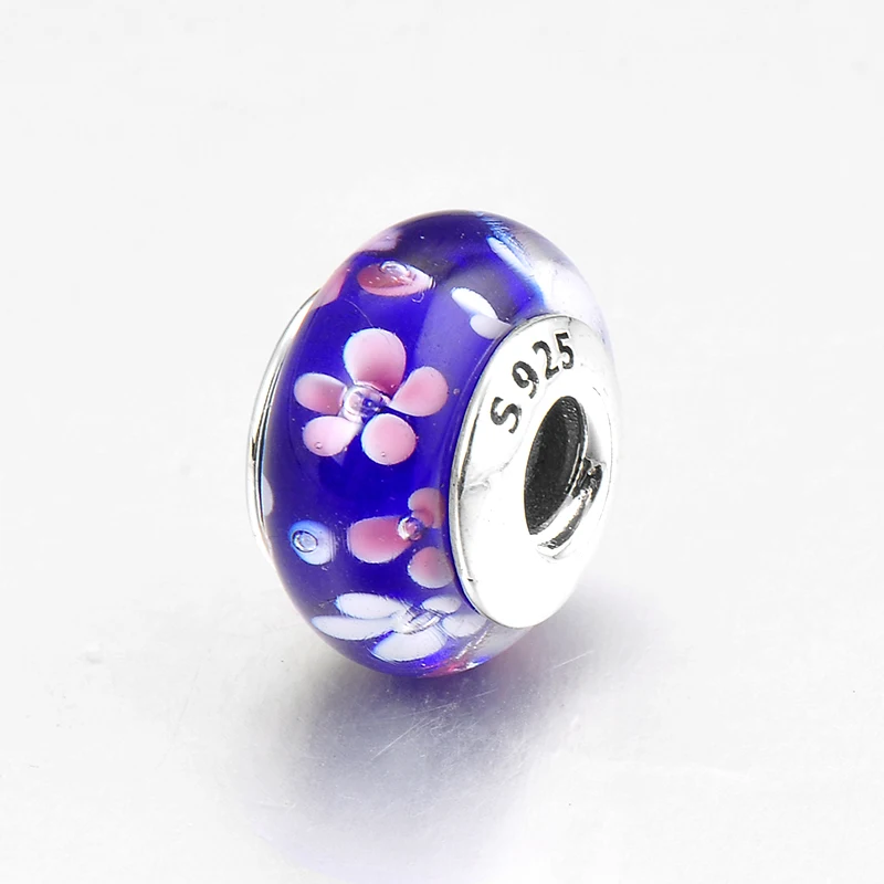 Пасторальный стиль серебро 925 пробы цветок тонкое темно-синее муранское стекло