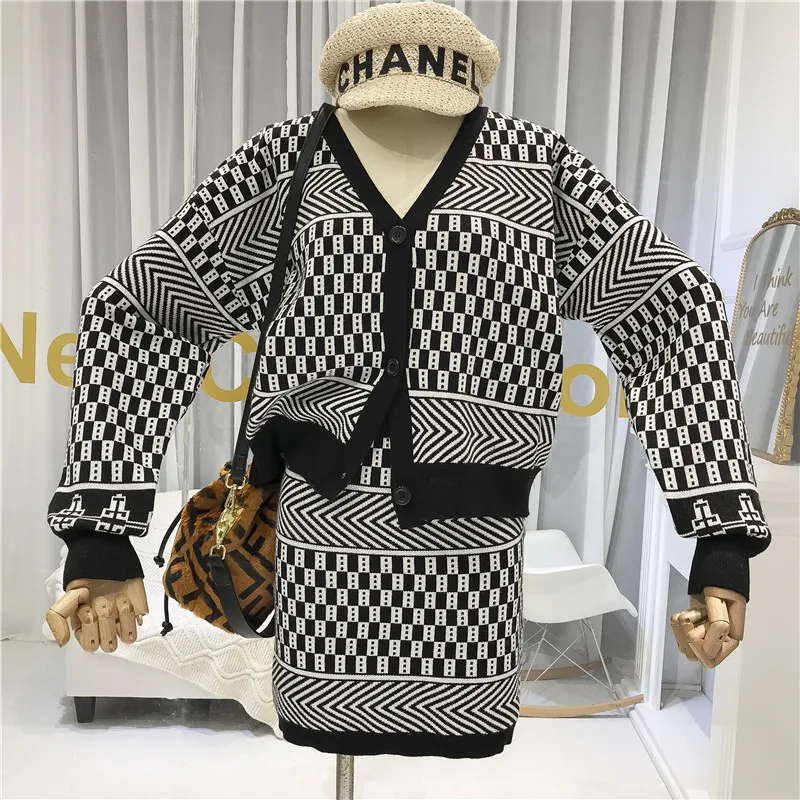 ALPHALMODA Ретро стиль геометрический узор v образный вырез Свободный кардиган +