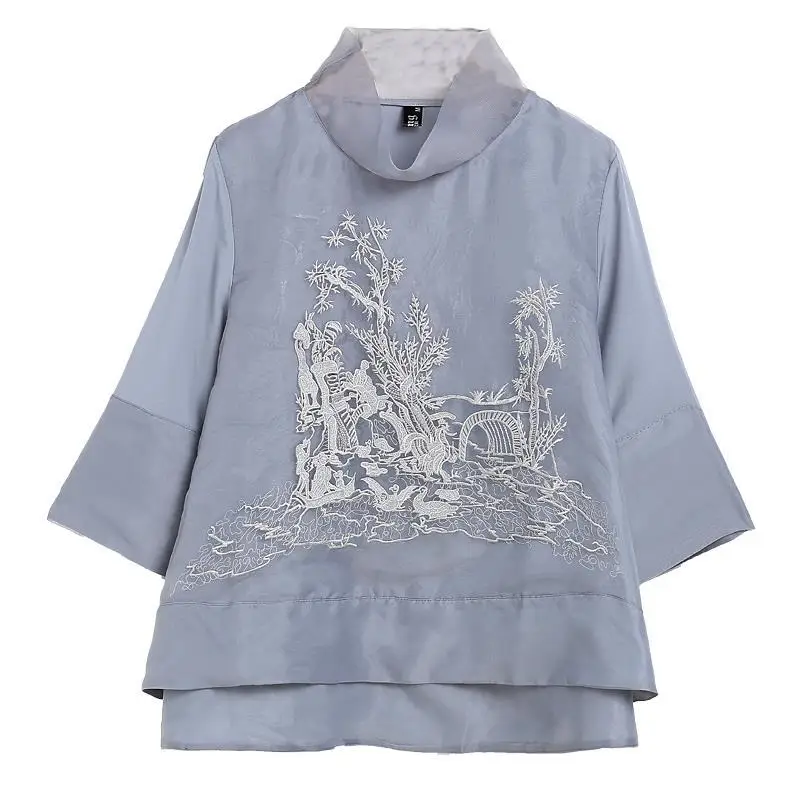 

Chinese New Fashion Runway Shirt Chic Embroidered Loose Gauze Shirt Elegant Women's Stand Collar Retro Shirt Tops Quality