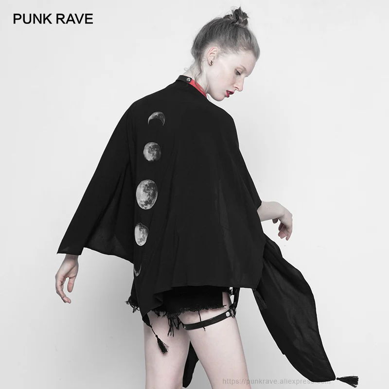 PUNK RAVE New Gothic Women's Black Moon Phases Print Shape Multi-use Shawl Open Front Short Sleeved Shawl Top Female Coats