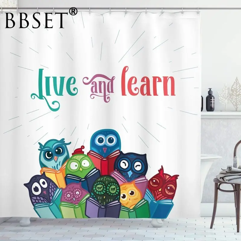 

Cute Cartoon Shower Curtain Study Hard Learning Owl Pattern Waterproof Multi-size Douchegordijn Kids Bathroom Decor with Hooks