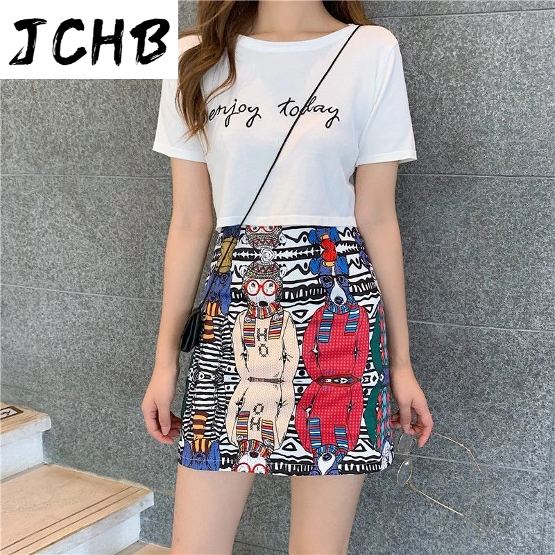 

2021 Korean Skirts Womens Summer New High Waist a Line Skirt Personality Graffiti Printing Mini Skirts Vintage Oversize Clothes